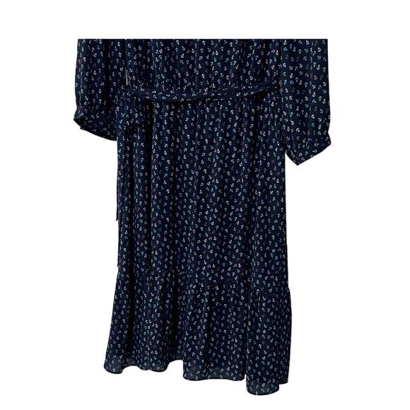 Talbots Midi Dress Size 10 Anchor Nautical Flounce Hem Split Neck Belted Navy - Picture 5 of 10
